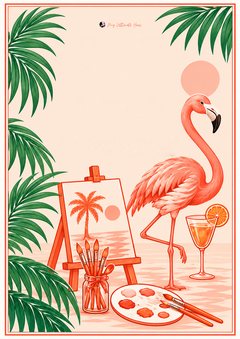 Coral paint and sip invitation with a flamingo, palm fronds, a spritz and a palm tree painting on an easel