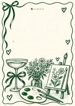Green line-drawn paint and sip invitation with a vase of daisies, a coupe, hearts and a floral canvas