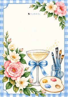 Blue gingham paint and sip invitation with pink roses, a champagne coupe tied with a bow and paintbrushes