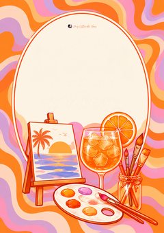 Groovy orange and pink swirl paint and sip invitation with a spritz, a sunset canvas and a paint palette