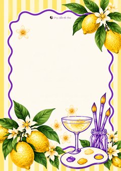 Yellow striped paint and sip invitation framed with lemons, blossoms, a coupe, brushes and a palette