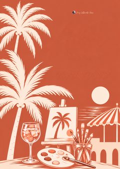 Terracotta paint and sip invitation with palm trees, a spritz, an easel painting and a sunset over the sea
