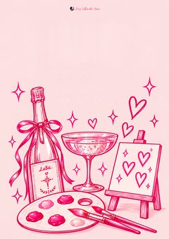 Pink paint and sip invitation with a bubbly bottle tied in a bow, a coupe, hearts on a canvas and brushes