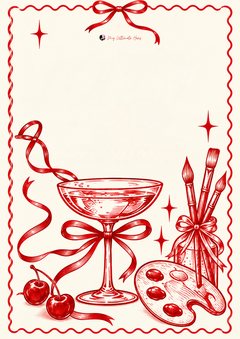 Printable paint and sip hens invitation with red ribbon illustrations, a cocktail glass, cherries, palette and brushes