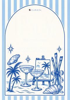 Blue and white striped paint and sip hens invitation with palm trees, coupes, an easel and brushes