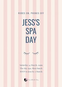 Pink striped invitation reading Robes on, phones off, Jess's Spa Day, with closed-eye lashes illustration