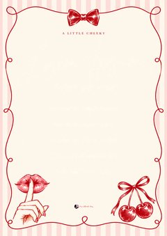 Pink striped topless waiter hens invitation reading A Little Cheeky, with red lips, a bow tie and cherries