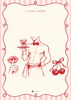 Red and pink invitation reading A Little Cheeky, with a sketched topless waiter holding a cocktail tray