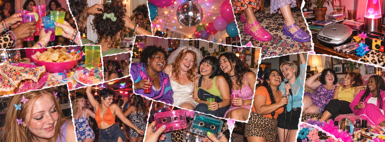 90s hens party mood board: friends toasting with bright plastic cups, a scrunchie, a disco ball and balloons, jelly sandals, a portable CD player and a lava lamp, fairy bread and lollies, butterfly clips, a bride in a veil and white slip dress laughing with her friends, cassette tapes, karaoke and a couch full of friends in bright 90s outfits