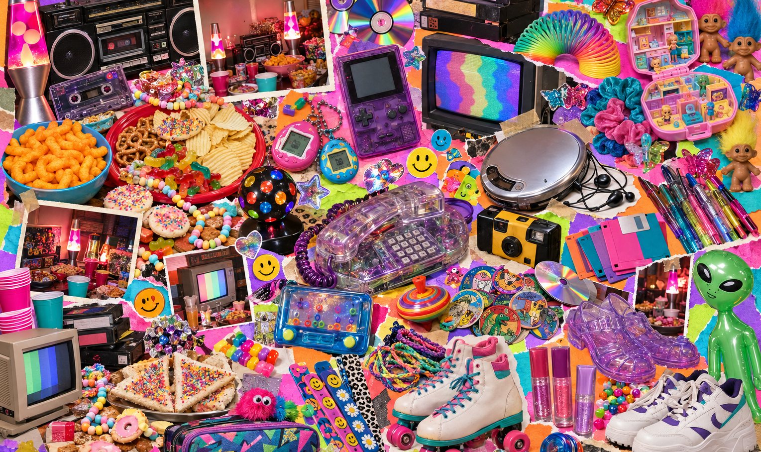 90s mood board flat lay: lava lamps, a boombox, cassettes and shiny CDs, a see-through purple handheld game, virtual pets, a clear phone, a disposable camera, a portable CD player, troll dolls, scrunchies, gel pens, floppy disks, slap bands, friendship bracelets, roller skates, jelly sandals, platform sneakers, an inflatable alien and a party table of fairy bread, cheese snacks and lollies
