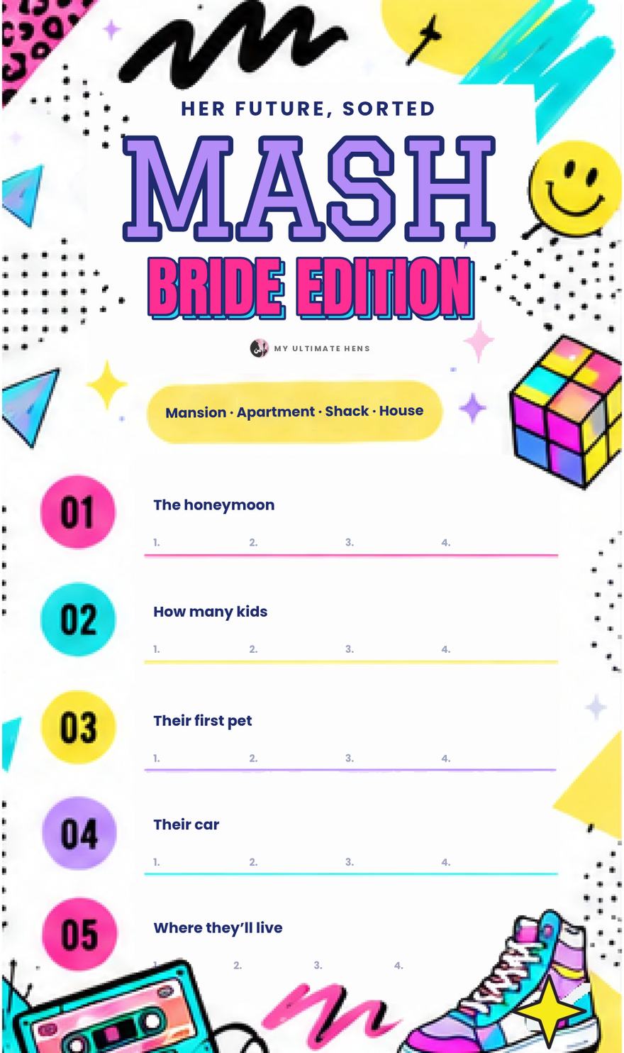 A printable MASH Bride Edition sheet in a white Memphis design with five lists: the honeymoon, how many kids, their first pet, their car and where they’ll live