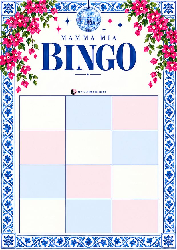 Mamma Mia hens bingo card with a Greek tile border, bougainvillea, a mirror ball and twelve squares to tick off