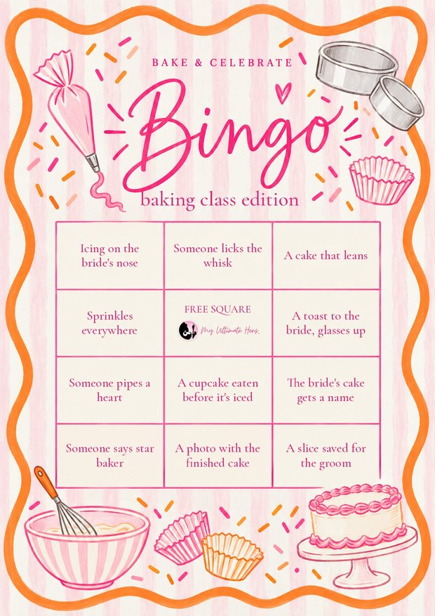 Bake and celebrate bingo, baking class edition: twelve squares like icing on the bride's nose and a cake that leans, in a wavy orange frame with cupcakes and a cake stand