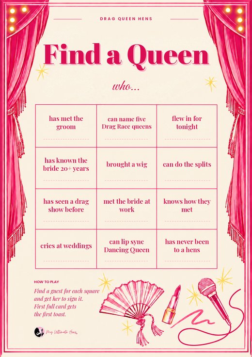 Your queen-to-be hunt card, with twelve squares to sign, from has met the groom to can lip sync Dancing Queen