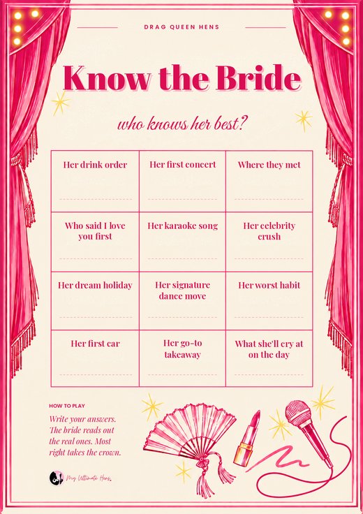 Know the Bride quiz card with twelve questions and a line to write each answer