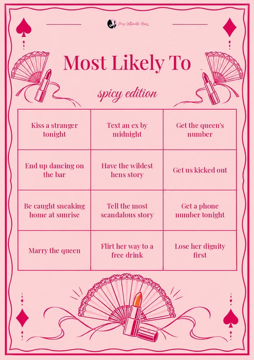 Most Likely To spicy edition card on a pink playing card design