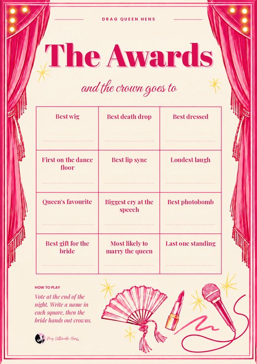 The Awards card with twelve hens night awards and a line to write each winner