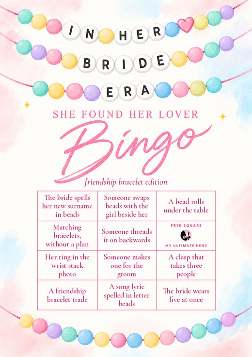 In her bride era friendship bracelet bingo card for a jewellery making hens, with eleven squares and a free square