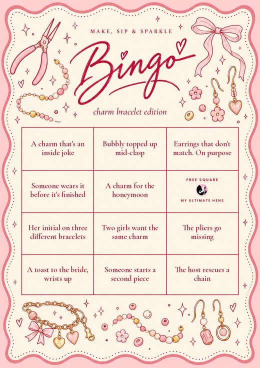 Make, sip and sparkle charm bracelet bingo card, pink and gold with drawn pliers, bows and earrings
