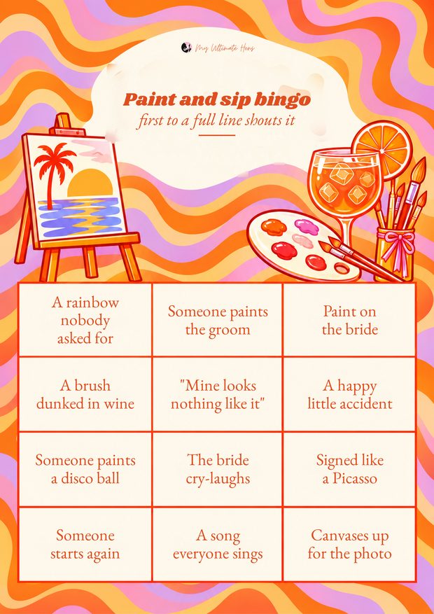 Paint and sip bingo card in groovy orange and pink swirls
