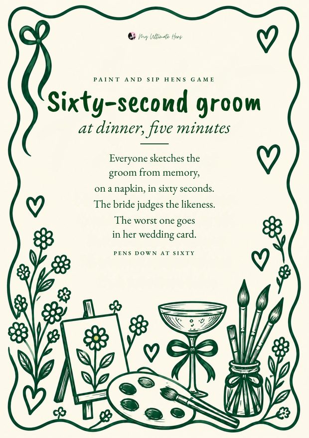 Sixty-second groom game card, green line drawings of flowers and brushes