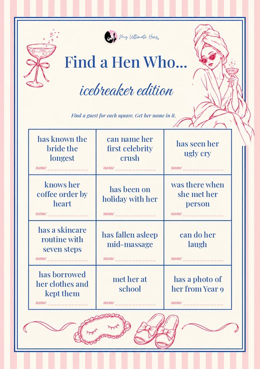 Find a Hen Who icebreaker card with twelve squares and a line for a name in each, in blue on a cream card with a woman in a towel turban, a coupe glass, a sleep mask and slippers