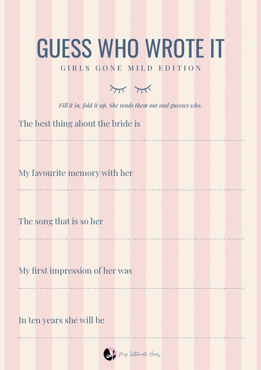 Guess Who Wrote It card with five lines to finish about the bride and a dotted line for each, on pink and cream stripes with sleepy lashes