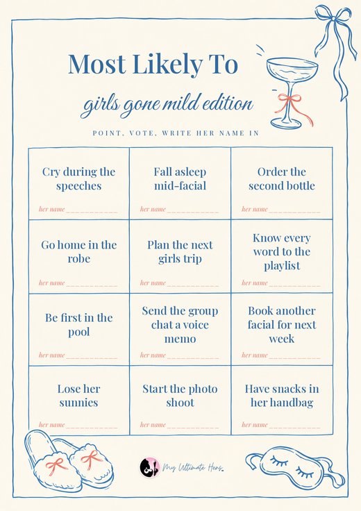 Most Likely To card with twelve squares and a line for a name in each, in soft blue on cream with a coupe glass, a bow, slippers and a sleep mask drawn around it