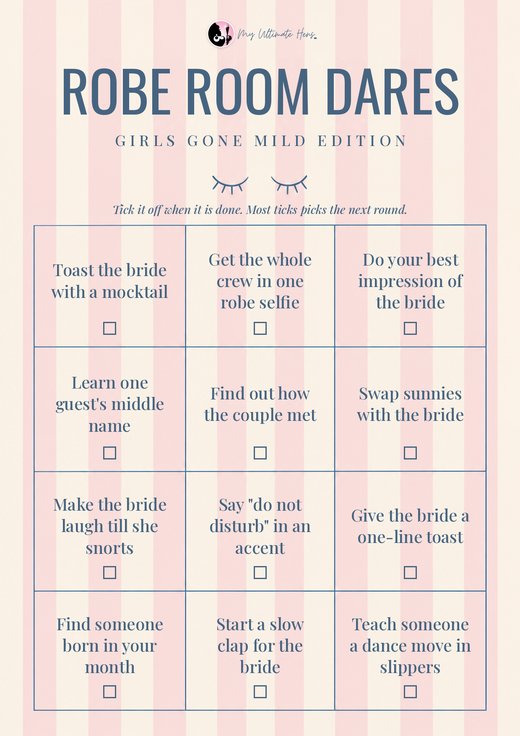 Robe Room Dares card with twelve dares and a tick box in each, in slate blue on pink and cream stripes with sleepy lashes