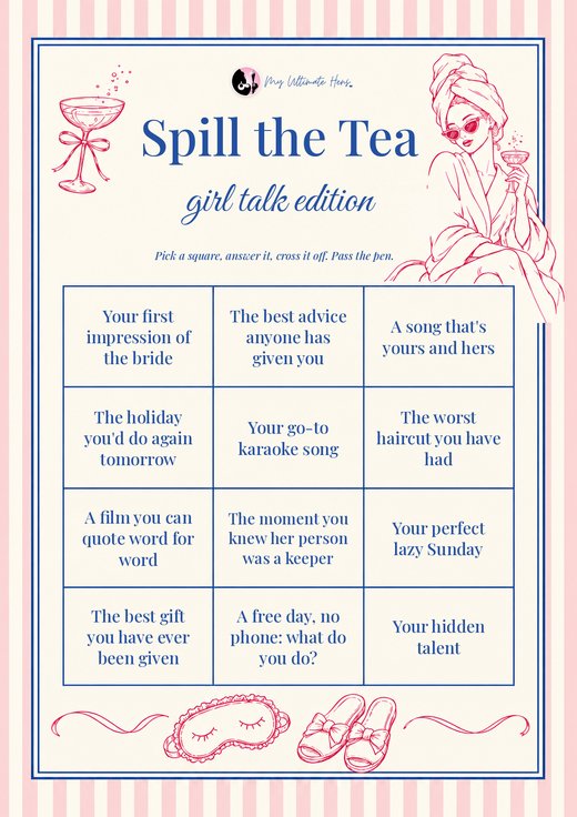 Spill the Tea girl talk card with twelve questions to answer, in blue on a cream card with a woman in a towel turban and a coupe glass