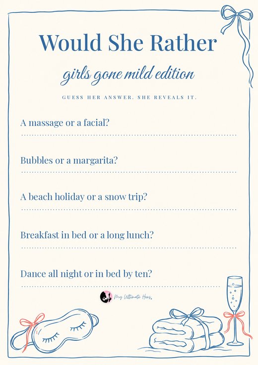 Would She Rather card with five this-or-that questions about the bride and a dotted line for each answer, with a sleep mask, folded towels and a flute drawn in soft blue and coral