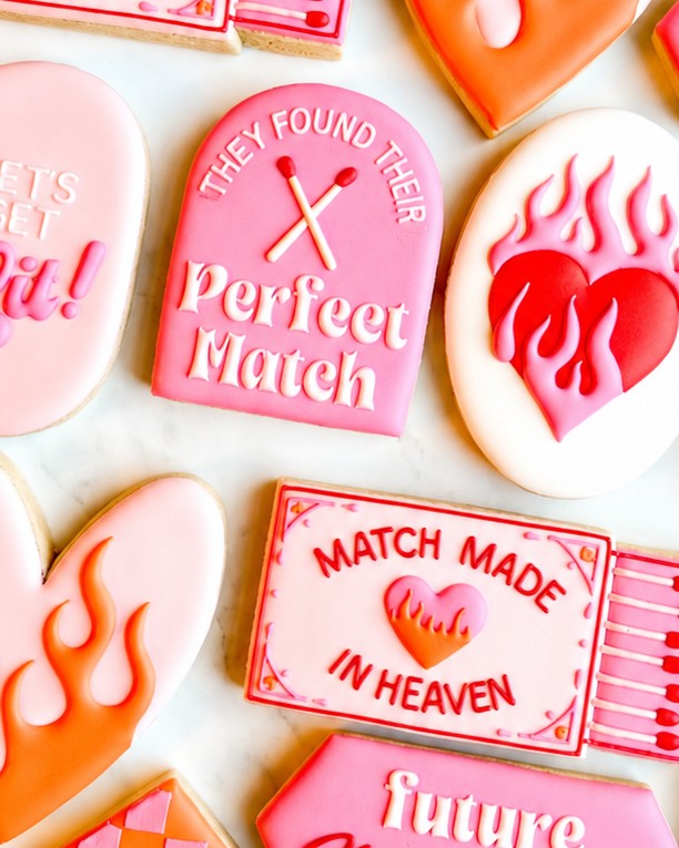 Iced cookies that read Perfect Match, Let's Get Lit and Match Made in Heaven