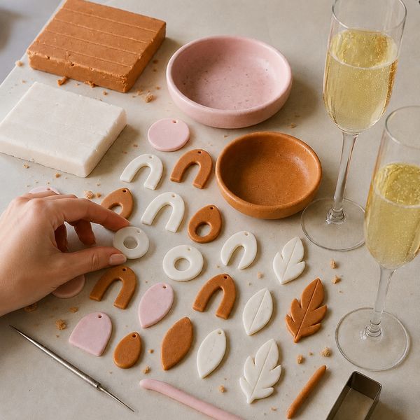 Hands shaping clay pieces beside two glasses of bubbles at a pottery class