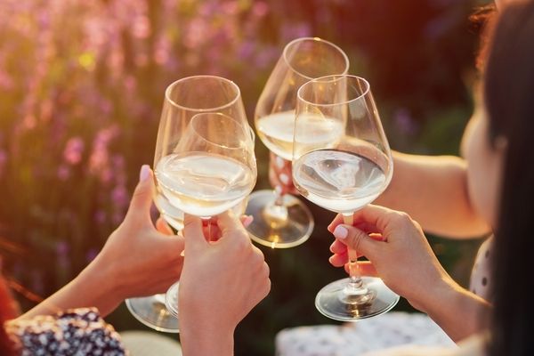 Four glasses of white wine raised in a toast in the evening sun