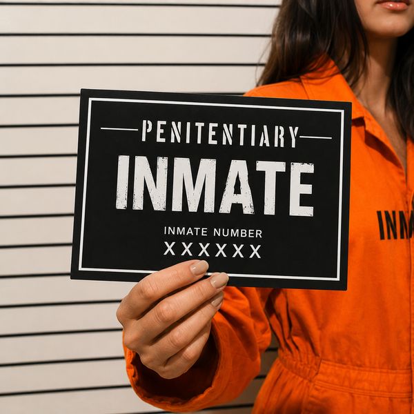 A woman in an orange jumpsuit holding up a Penitentiary Inmate mugshot sign