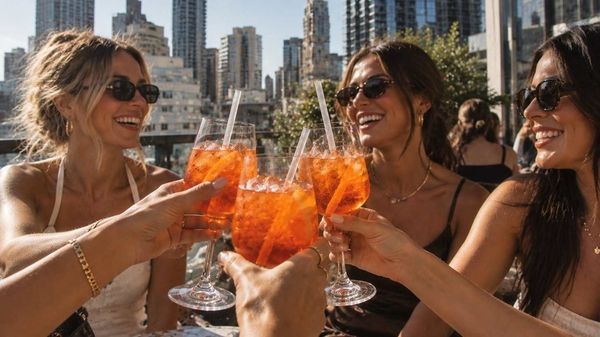 Friends clinking spritzes on a rooftop among city towers