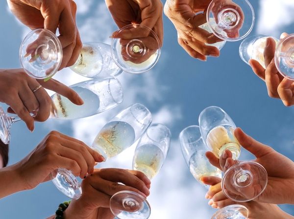 Lovely ladies raise their glasses and make a toast during the hen party in a private venue