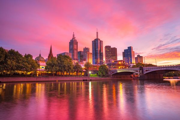Stunning cityscape and skyline of Melbourne at sunset