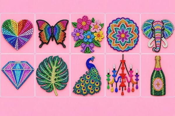 Sparkling crystal bead mosaic designs including a rainbow heart, a peacock, a chandelier and a bottle of bubbly