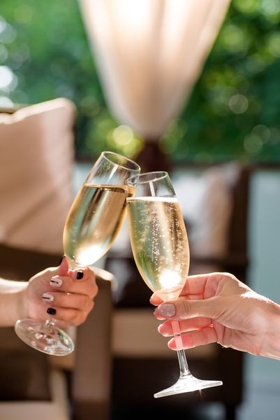 Two glasses of bubbles clinking in a garden setting