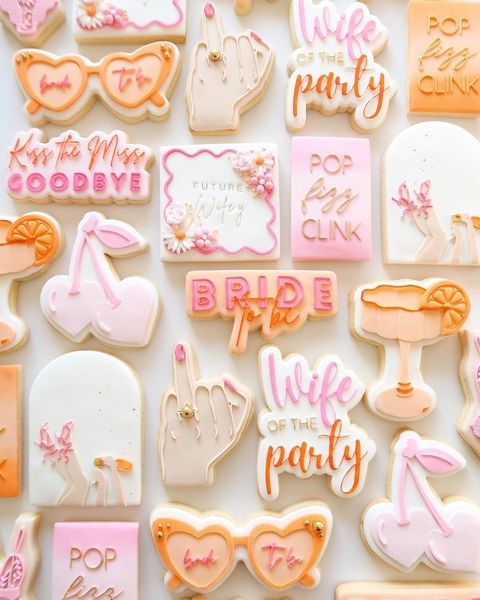 Iced hens cookies spelling Wife of the Party, Bride to Be and Pop Fizz Clink