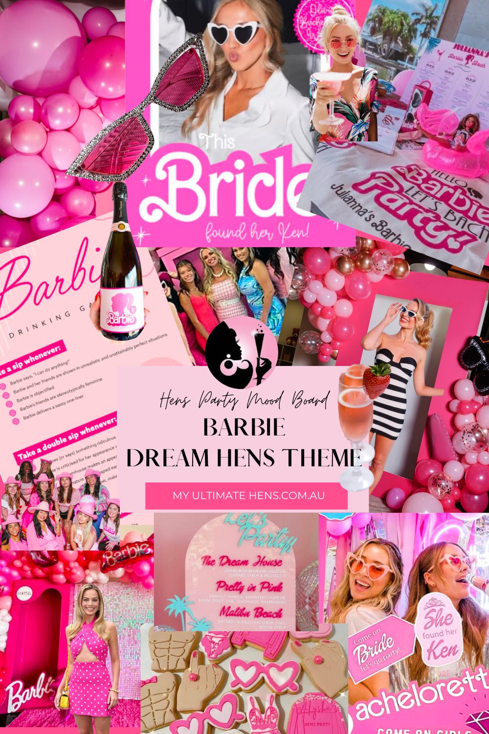 Barbie dream hens theme mood board with pink balloons, heart sunglasses and Barbie styling