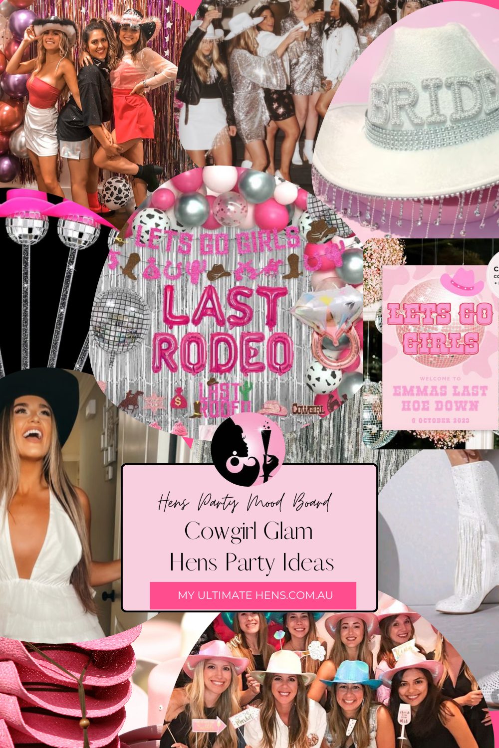 Cowgirl glam hens party mood board with cowgirl hats, disco balls and a Last Rodeo sign