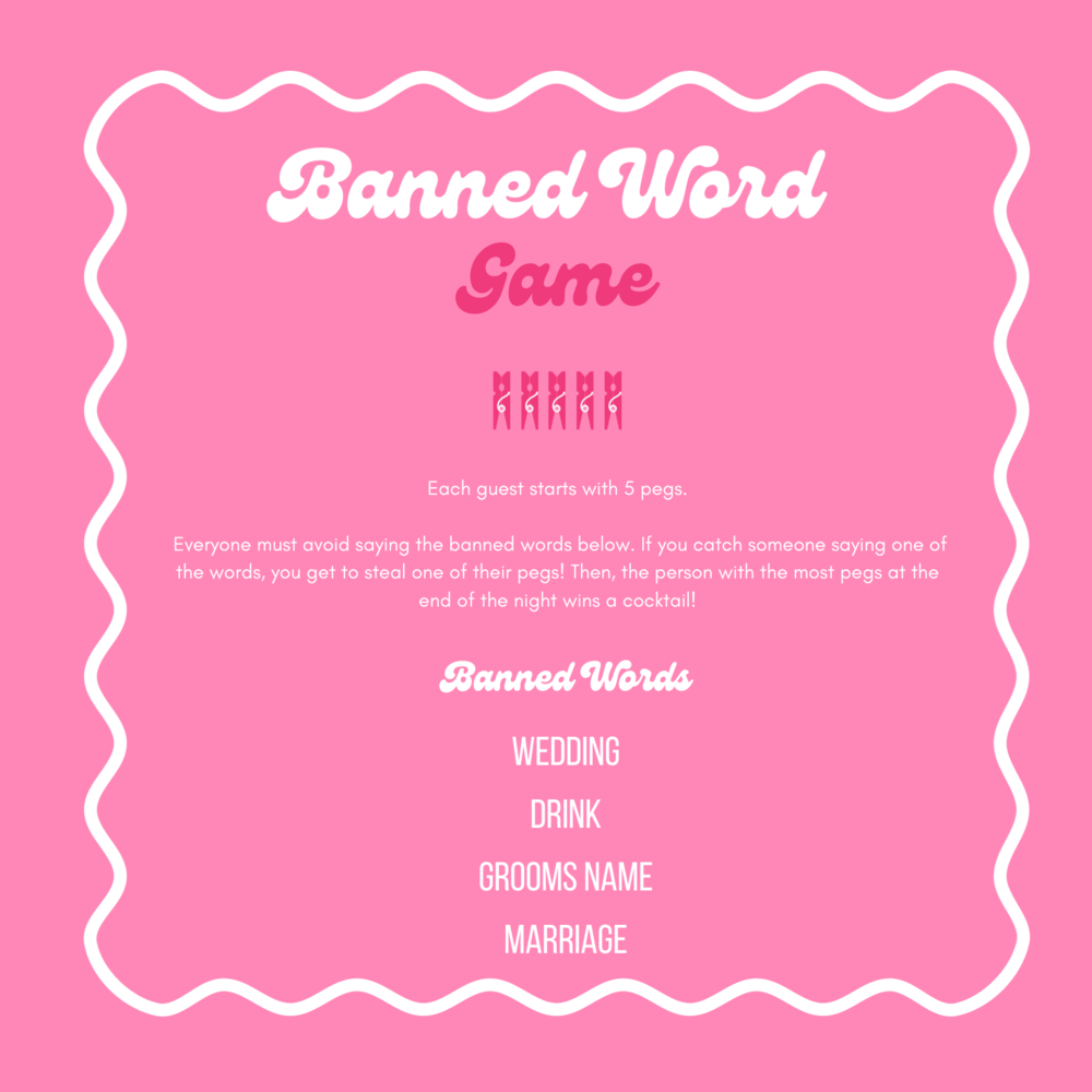 The My Ultimate Hens banned word game card in pink, with its list of banned words
