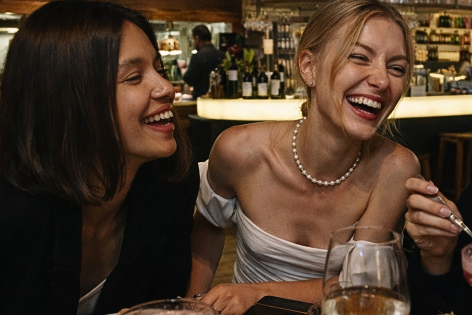 Two friends laughing together at a warmly lit restaurant table, one with a glass of white wine