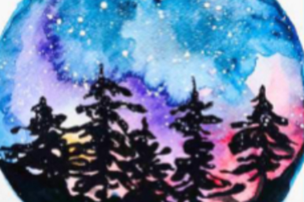 A watercolour night sky in blue and pink over dark pine trees