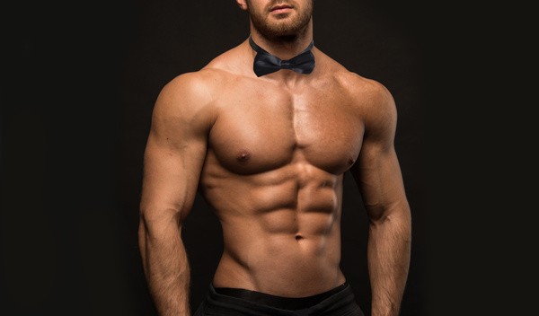 A topless waiter in a black bow tie