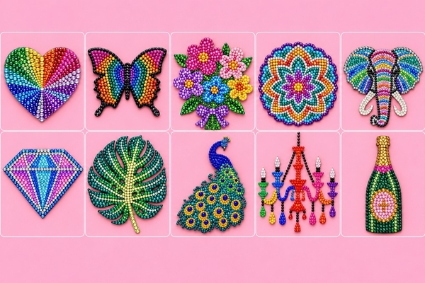 Sparkling crystal bead mosaic designs including a rainbow heart, a peacock, a chandelier and a bottle of bubbly